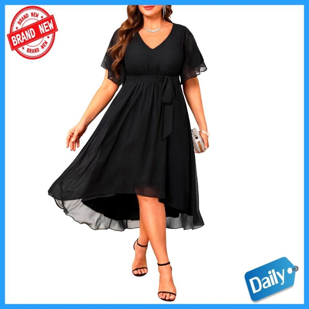 Chiffon Formal Cocktail Dress V Neck Short Sleeve High Low Hem Wedding Guest